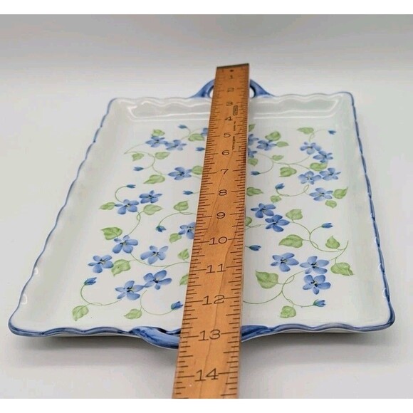 Andrea By Sadek Serving Plate Tray with Handles Ceramic 13” X 9” Purple Violets - Picture 4 of 6